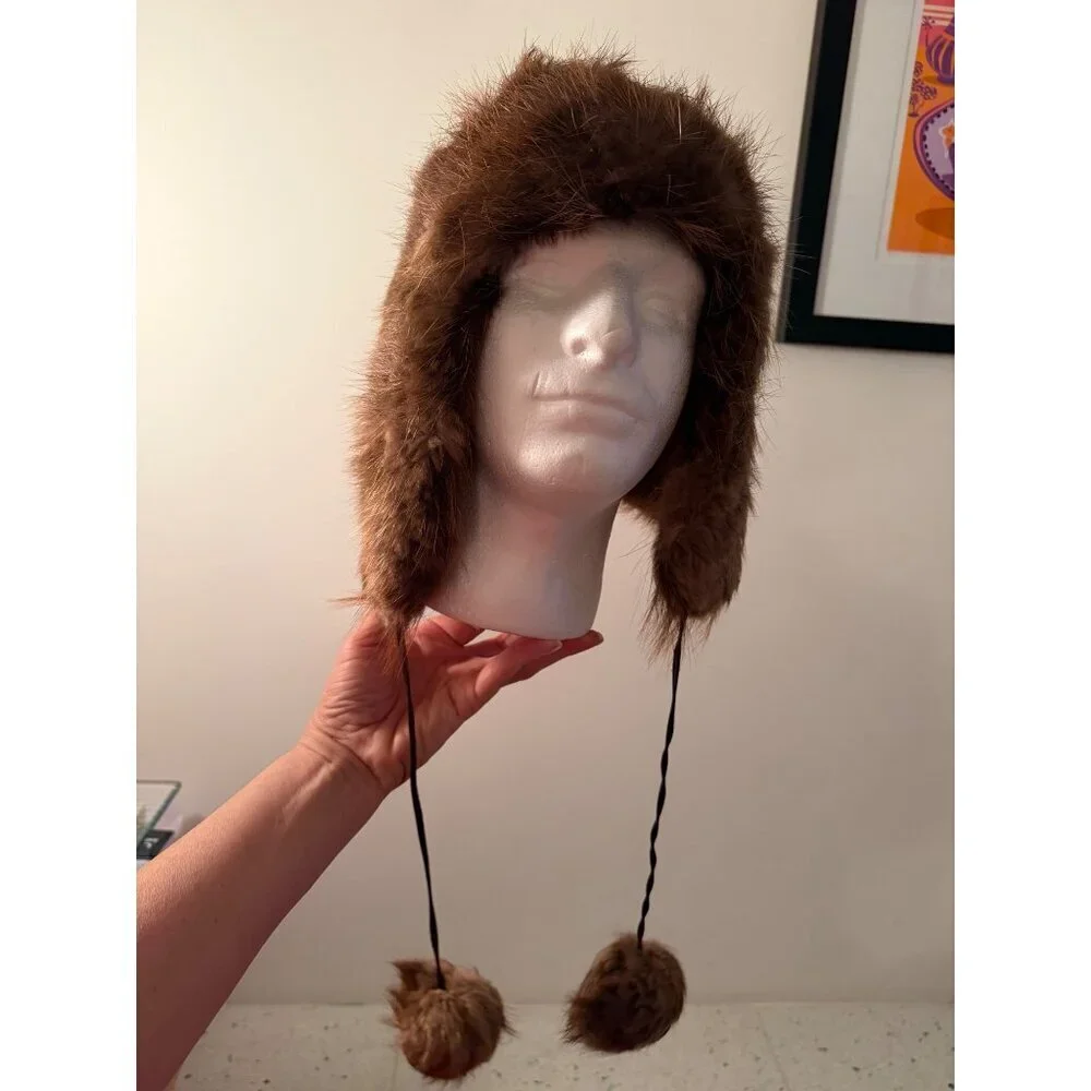 Vintage Beaver Fur Womens Trapper Hat One Size Reddish Brown Earflaps Pom-poms